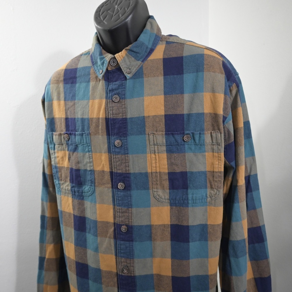Duluth Trading Co Flannel Button Up Mens XL Tall Relaxed Fit Blue Gold Plaid